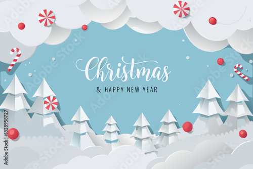 Paper christmas scene with trees candy canes and festive holiday decorations