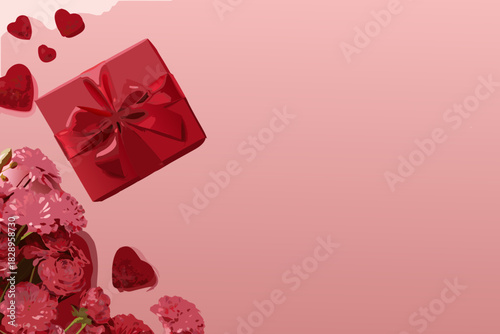 A red gift box hearts and pink flowers on a rosy background