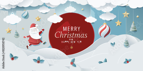 Festive paper art scene depicting santa claus and christmas decorations