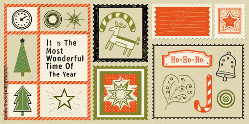 Festive collection of christmas themed postage stamps with various seasonal icons