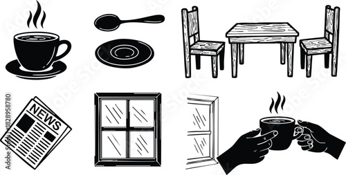 Hand drawn vector art coffee cup icons with saucer spoon wooden table chairs window frame newspaper and hands sharing hot drink in cozy breakfast mood