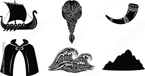 Monochrome vector art of viking longship braided hair cloak waves horn and hill arranged as bold nordic icons with simple flat silhouettes