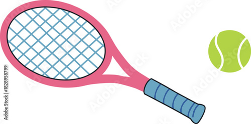 Pink tennis racket and green ball illustration with crisscross strings, cartoon-style sports equipment vector, fitness and activity concept