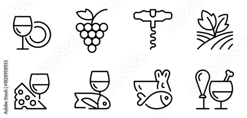 Wine and food pairing outline icons: grapes, corkscrew, vineyard, cheese, fish, meat, poultry with wine glasses, minimal vector illustration.