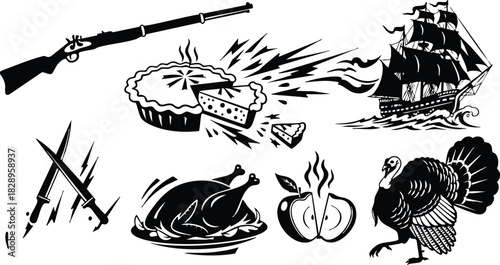 Vintage black and white vector art of thanksgiving symbols with rifle pie explosion turkey ship crossed bayonets roasted bird and steaming apple slices