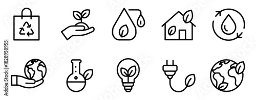 Set of line icons representing environmental sustainability, ecology, green energy, recycling, nature, earth, and eco-friendly concepts, perfect for web and print designs.