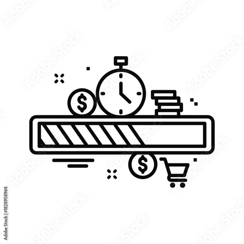 Fast shopping and efficient transaction progress bar with clock and money symbols, isolated on
