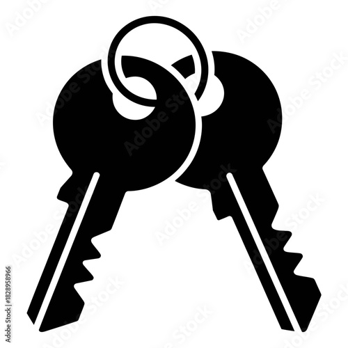 Black silhouette icon of two standard residential keys securely attached to a circular metallic keyring, symbolizing security, access, property, and home ownership