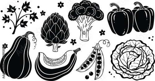Flat design black and white vegetable vector art with squash slice broccoli cabbage bell peppers peas artichoke and parsley elements arranged with small flowers decorative style