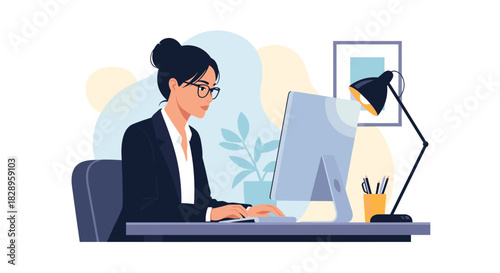 Professional business woman with glasses wearing a suit while working on a computer at her modern office desk workplace.