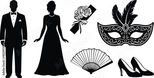Elegant vector art of formal couple silhouettes with masquerade mask fan roses clutch and high heels for classic black tie ball party theme