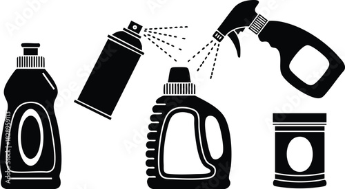 Flat design black silhouette icons of household cleaning bottles aerosol spray can trigger sprayer and detergent container with splashing droplets arranged in horizontal row