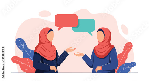 Two young muslim women wearing hijabs are engaged in a friendly conversation with speech bubbles above their heads vector.