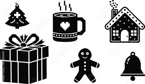 Pixel art vector set of christmas icons with gift box gingerbread man mug with heart gingerbread house tree ornament and bell in simple black silhouette style