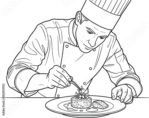 Professional male chef carefully garnishing a gourmet plate of food with tweezers, black and white line art vector illustration, culinary plating and fine dining outline
