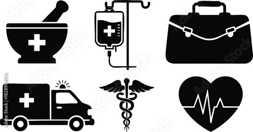 Flat design black medical icon set with mortar and pestle ambulance caduceus iv drip heart rate and doctors bag on white background