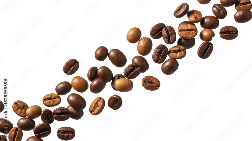 Obraz premium Scattered roasted coffee beans isolated on transparent background