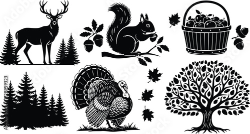 Autumn forest wildlife vector art with deer squirrel turkey acorn branch apple basket maple leaves pine trees and decorative tree silhouette collection