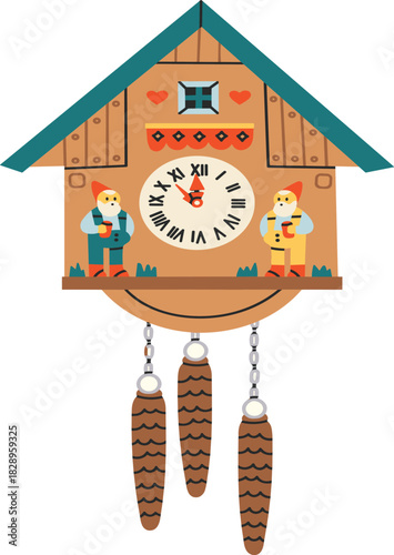 Cute wooden cuckoo clock with gnome figures, pinecone weights, decorative house design, traditional folk art style, vintage timepiece illustration