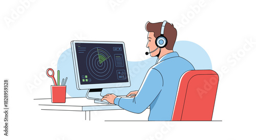 Male call center operator or air traffic controller with a headset working at a computer with a radar screen display.