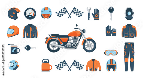 A comprehensive collection of motorcycle gear and rider accessories for safety and racing shown in a flat design style.