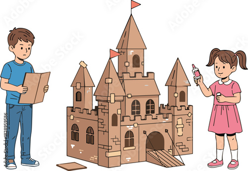Kids building and decorating a cardboard castle together, creative arts and crafts activity promoting imagination, teamwork, learning, and fun hands-on playtime