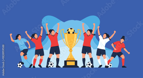 A team of female soccer players celebrating their championship victory with a large golden trophy on a blue background.