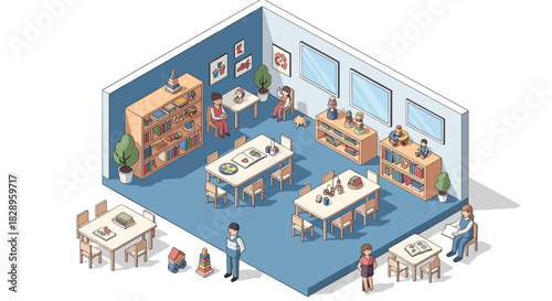 Isometric view of a kindergarten classroom interior with children and a teacher during a lesson or creative activity time.