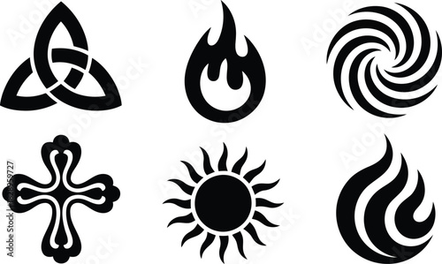 A radiant black sun symbol with sharp rays emanates warmth and celestial power on a clear canvas