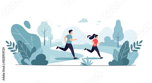 A young man and woman are jogging together on a path in a city park for their daily fitness and healthy lifestyle.