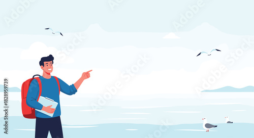 A young male tourist with a backpack is standing by the sea with seagulls and pointing towards a travel destination.