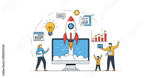 Business startup launch concept with a rocket taking off from a computer screen supported by a happy and successful team.