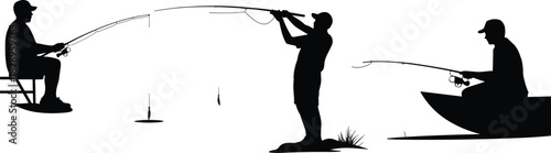 Silhouette of fishermen casting lines from shore, boat, and dock, showing peaceful outdoor fishing activity, recreation, nature, leisure, and sport scenes