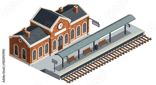 Isometric illustration of a classic brick railway station building with a platform and tracks on a white background.