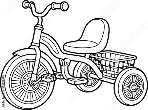 Classic retro children's tricycle with a basket and comfortable seat, bold black and white outline vector illustration, side view, simple kid's vehicle coloring page artwork