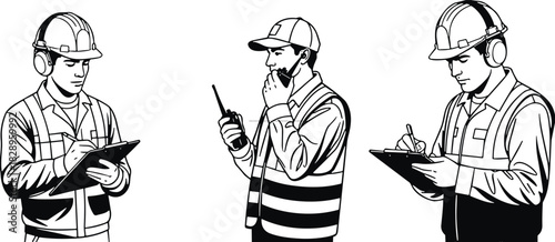 Silhouettes of construction workers inspecting documents and communicating by radio, representing safety checks, site supervision, reporting, coordination, and industrial management tasks