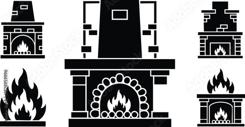 Flat vector art collection of black fireplace icons with burning flames and brick details showing central ornate stone heater and four small hearth variations for winter comfort design projects