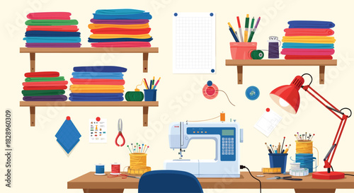 A cozy and well-organized tailor's or seamstress's workshop with a sewing machine fabrics and various craft supplies.