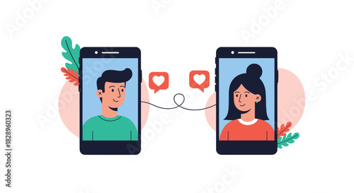 Online dating and virtual relationship concept with a young man and woman connecting through their smartphones with hearts.