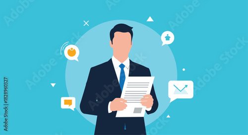 A professional businessman in a suit and tie is holding and reading a document with various communication icons around.