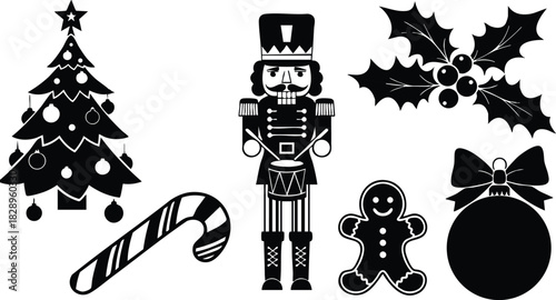 Monochrome vector art of nutcracker soldier with drum surrounded by christmas tree candy cane gingerbread cookie bauble and holly leaves festive silhouette icons