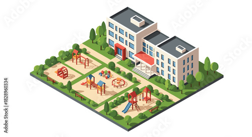Isometric illustration of a modern school building with an adjacent outdoor playground with various fun equipment.