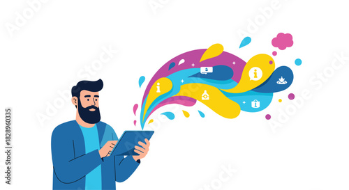 A bearded man using a tablet device with a colorful splash of creative application and information icons coming out.
