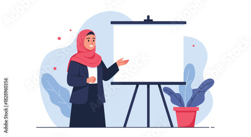A muslim business woman wearing a hijab is giving a presentation or speech with a blank whiteboard for your text.