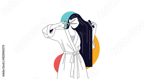 A minimalist line art illustration of a woman in a robe cutting her long dark hair with scissors in a modern style.