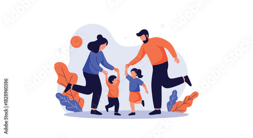 A happy young family with a mother father son and daughter are dancing and playing together surrounded by plant leaves.