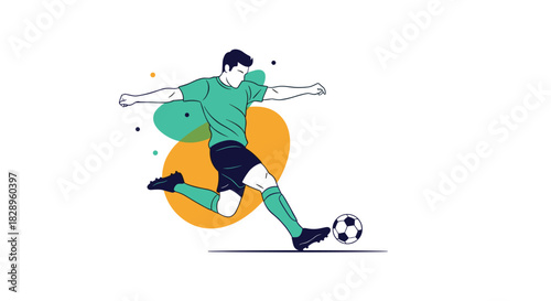 A dynamic illustration of a male soccer player in a green uniform kicking a football with power and abstract shapes.