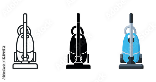 Vector and icon set of three different upright vacuum cleaners with color and outline variations