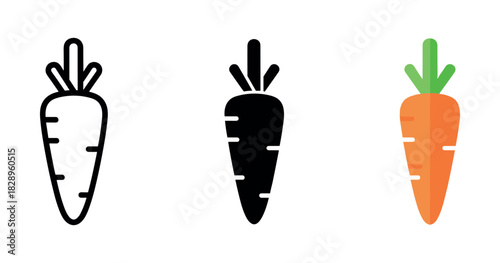 Carrot icons: line, solid, and colored versions on white background
