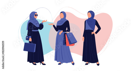 A group of three stylish and modern muslim women wearing hijabs and fashionable outfits are talking and shopping together.